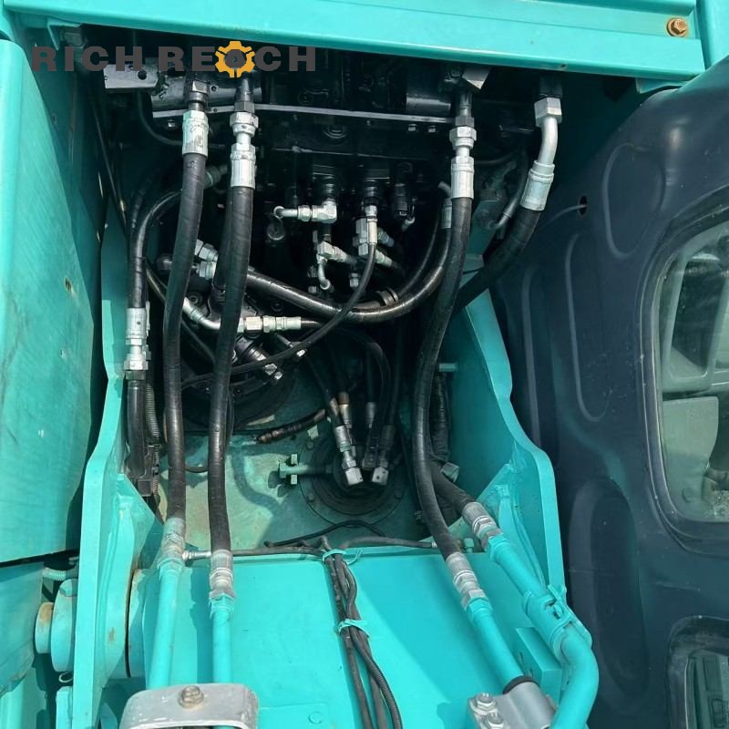 High-angle view of a 2017 Kobelco SK130 second-hand excavator, $20,833 ready to ship